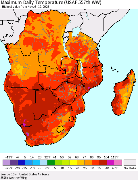 Southern Africa Maximum Daily Temperature (USAF 557th WW) Thematic Map For 11/6/2023 - 11/12/2023