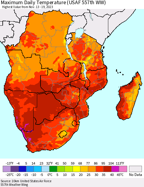 Southern Africa Maximum Daily Temperature (USAF 557th WW) Thematic Map For 11/13/2023 - 11/19/2023
