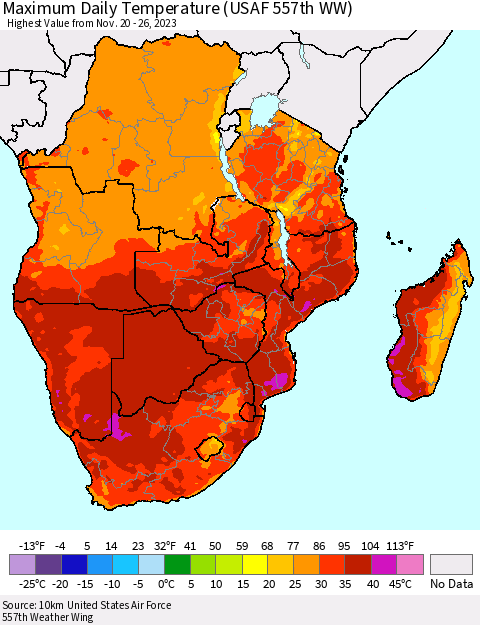 Southern Africa Maximum Daily Temperature (USAF 557th WW) Thematic Map For 11/20/2023 - 11/26/2023