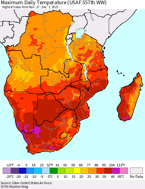 Southern Africa Maximum Daily Temperature (USAF 557th WW) Thematic Map For 11/27/2023 - 12/3/2023