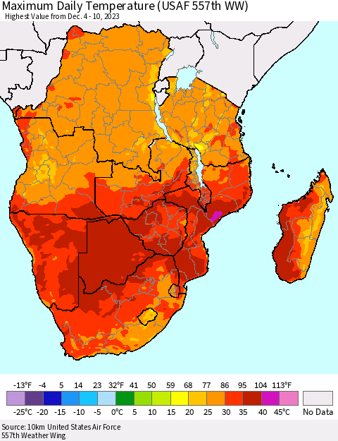 Southern Africa Maximum Daily Temperature (USAF 557th WW) Thematic Map For 12/4/2023 - 12/10/2023