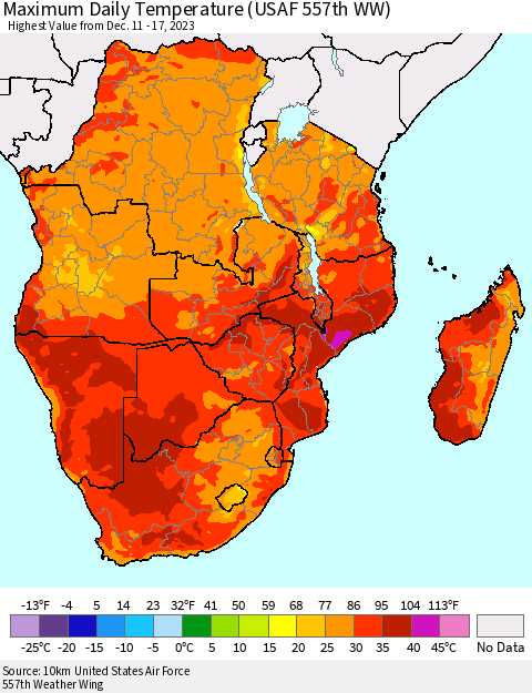 Southern Africa Maximum Daily Temperature (USAF 557th WW) Thematic Map For 12/11/2023 - 12/17/2023
