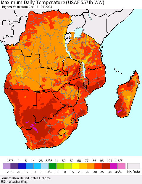 Southern Africa Maximum Daily Temperature (USAF 557th WW) Thematic Map For 12/18/2023 - 12/24/2023