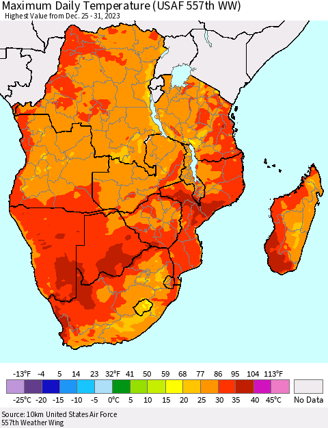 Southern Africa Maximum Daily Temperature (USAF 557th WW) Thematic Map For 12/25/2023 - 12/31/2023