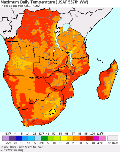 Southern Africa Maximum Daily Temperature (USAF 557th WW) Thematic Map For 4/1/2024 - 4/7/2024