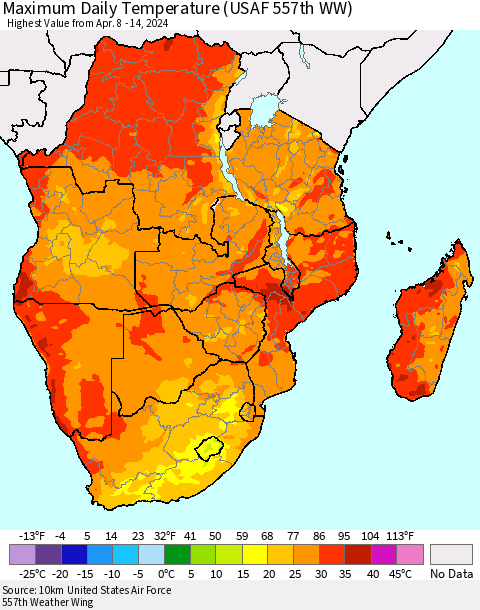 Southern Africa Maximum Daily Temperature (USAF 557th WW) Thematic Map For 4/8/2024 - 4/14/2024