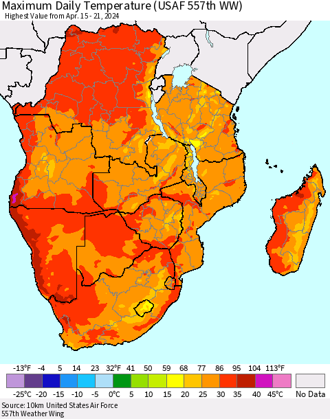 Southern Africa Maximum Daily Temperature (USAF 557th WW) Thematic Map For 4/15/2024 - 4/21/2024