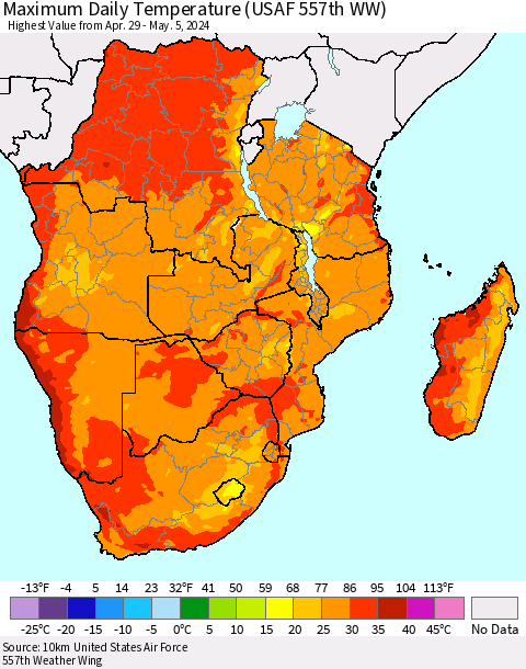 Southern Africa Maximum Daily Temperature (USAF 557th WW) Thematic Map For 4/29/2024 - 5/5/2024