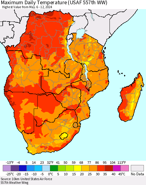 Southern Africa Maximum Daily Temperature (USAF 557th WW) Thematic Map For 5/6/2024 - 5/12/2024