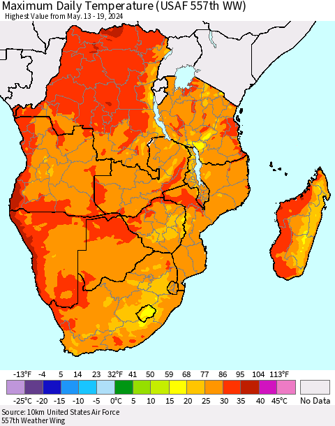 Southern Africa Maximum Daily Temperature (USAF 557th WW) Thematic Map For 5/13/2024 - 5/19/2024
