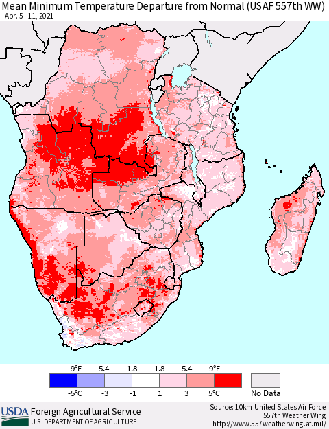 Southern Africa Mean Minimum Temperature Departure from Normal (USAF 557th WW) Thematic Map For 4/5/2021 - 4/11/2021
