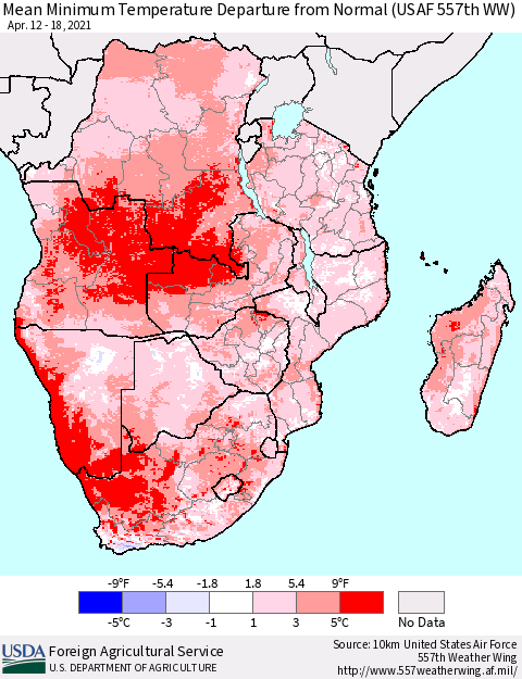 Southern Africa Mean Minimum Temperature Departure from Normal (USAF 557th WW) Thematic Map For 4/12/2021 - 4/18/2021