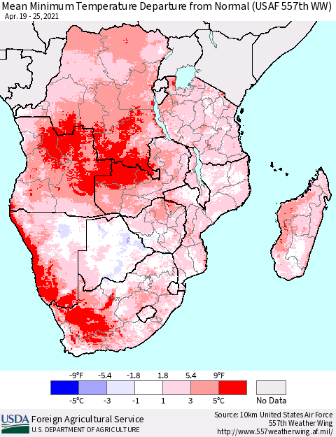 Southern Africa Mean Minimum Temperature Departure from Normal (USAF 557th WW) Thematic Map For 4/19/2021 - 4/25/2021