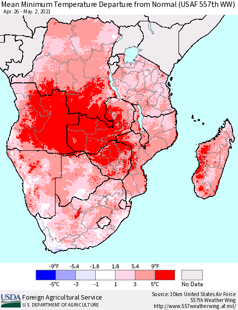 Southern Africa Mean Minimum Temperature Departure from Normal (USAF 557th WW) Thematic Map For 4/26/2021 - 5/2/2021
