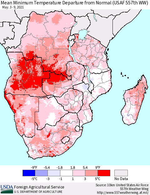 Southern Africa Mean Minimum Temperature Departure from Normal (USAF 557th WW) Thematic Map For 5/3/2021 - 5/9/2021