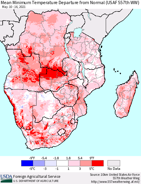 Southern Africa Mean Minimum Temperature Departure from Normal (USAF 557th WW) Thematic Map For 5/10/2021 - 5/16/2021