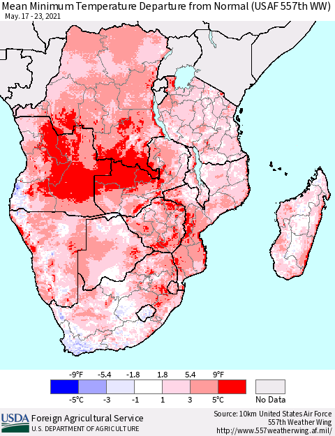 Southern Africa Mean Minimum Temperature Departure from Normal (USAF 557th WW) Thematic Map For 5/17/2021 - 5/23/2021