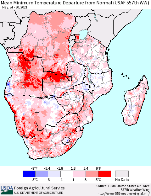Southern Africa Mean Minimum Temperature Departure from Normal (USAF 557th WW) Thematic Map For 5/24/2021 - 5/30/2021