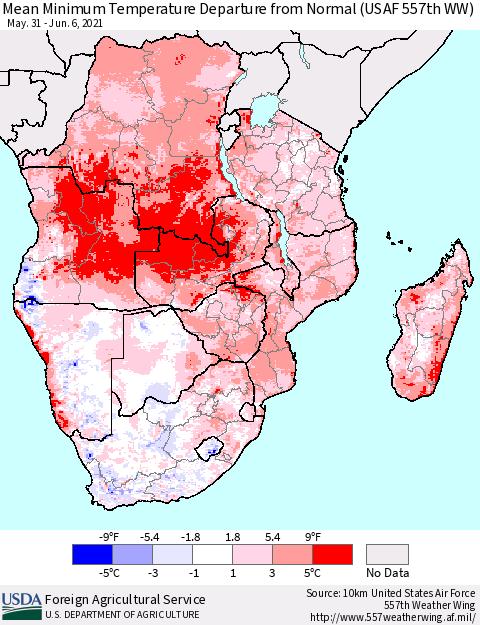 Southern Africa Mean Minimum Temperature Departure from Normal (USAF 557th WW) Thematic Map For 5/31/2021 - 6/6/2021