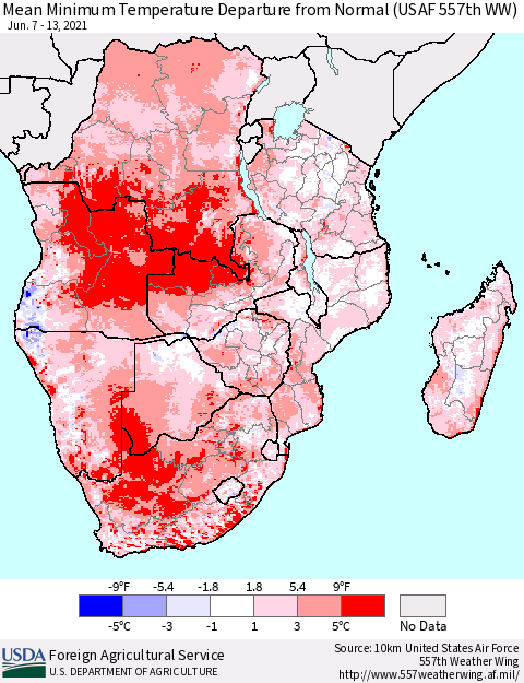 Southern Africa Mean Minimum Temperature Departure from Normal (USAF 557th WW) Thematic Map For 6/7/2021 - 6/13/2021