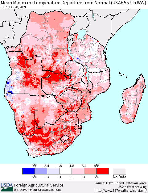 Southern Africa Mean Minimum Temperature Departure from Normal (USAF 557th WW) Thematic Map For 6/14/2021 - 6/20/2021