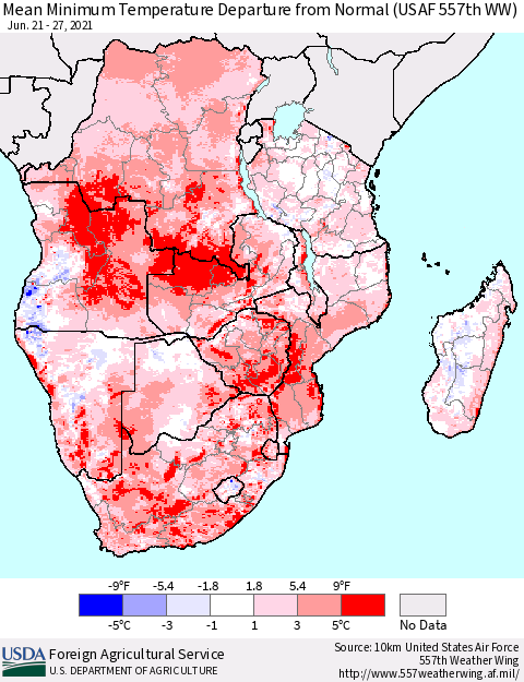 Southern Africa Mean Minimum Temperature Departure from Normal (USAF 557th WW) Thematic Map For 6/21/2021 - 6/27/2021