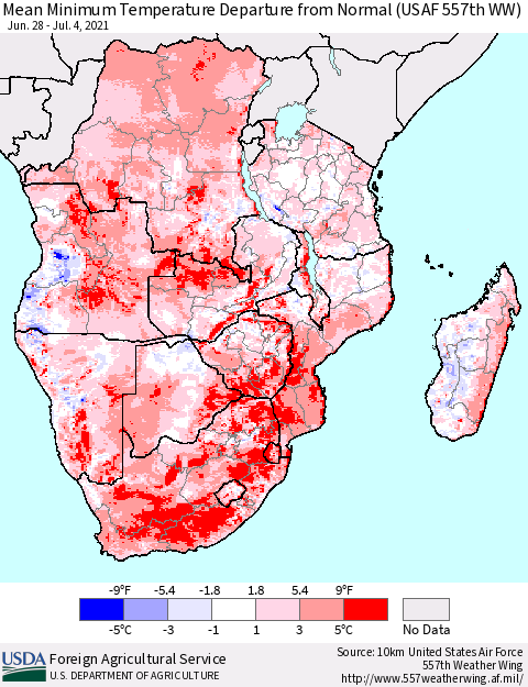 Southern Africa Mean Minimum Temperature Departure from Normal (USAF 557th WW) Thematic Map For 6/28/2021 - 7/4/2021