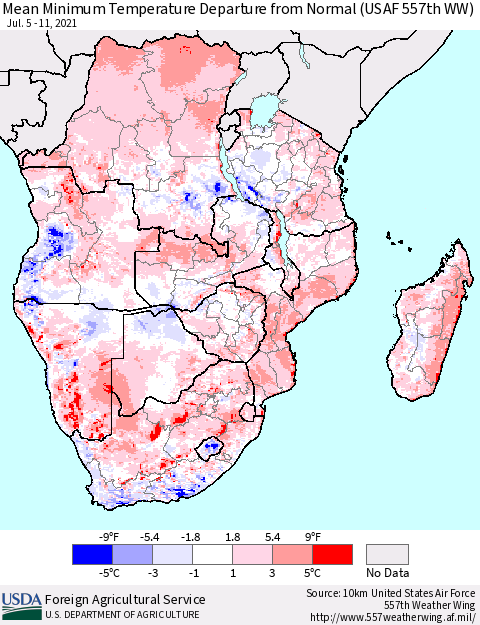 Southern Africa Mean Minimum Temperature Departure from Normal (USAF 557th WW) Thematic Map For 7/5/2021 - 7/11/2021