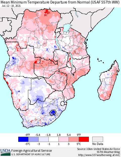Southern Africa Mean Minimum Temperature Departure from Normal (USAF 557th WW) Thematic Map For 7/12/2021 - 7/18/2021