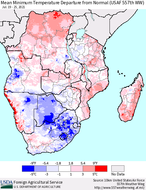 Southern Africa Mean Minimum Temperature Departure from Normal (USAF 557th WW) Thematic Map For 7/19/2021 - 7/25/2021