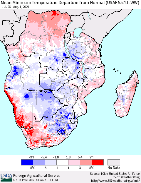 Southern Africa Mean Minimum Temperature Departure from Normal (USAF 557th WW) Thematic Map For 7/26/2021 - 8/1/2021