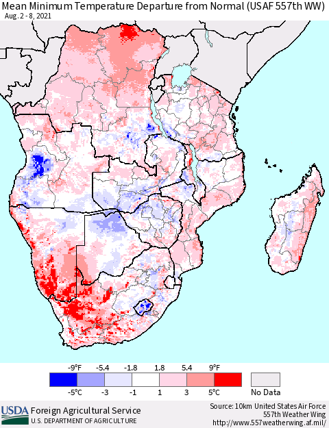 Southern Africa Mean Minimum Temperature Departure from Normal (USAF 557th WW) Thematic Map For 8/2/2021 - 8/8/2021