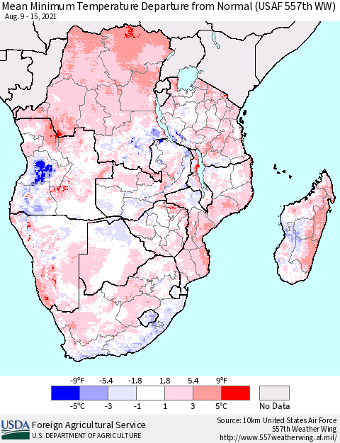 Southern Africa Mean Minimum Temperature Departure from Normal (USAF 557th WW) Thematic Map For 8/9/2021 - 8/15/2021