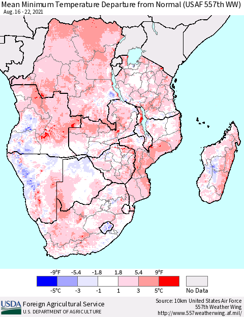 Southern Africa Mean Minimum Temperature Departure from Normal (USAF 557th WW) Thematic Map For 8/16/2021 - 8/22/2021