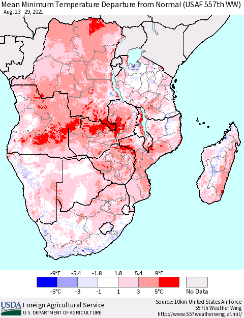 Southern Africa Mean Minimum Temperature Departure from Normal (USAF 557th WW) Thematic Map For 8/23/2021 - 8/29/2021