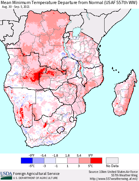 Southern Africa Mean Minimum Temperature Departure from Normal (USAF 557th WW) Thematic Map For 8/30/2021 - 9/5/2021