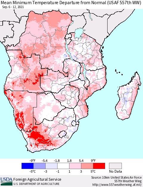 Southern Africa Mean Minimum Temperature Departure from Normal (USAF 557th WW) Thematic Map For 9/6/2021 - 9/12/2021