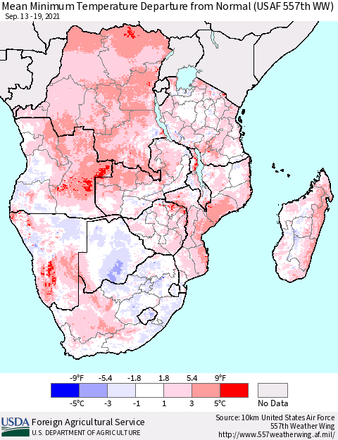 Southern Africa Mean Minimum Temperature Departure from Normal (USAF 557th WW) Thematic Map For 9/13/2021 - 9/19/2021