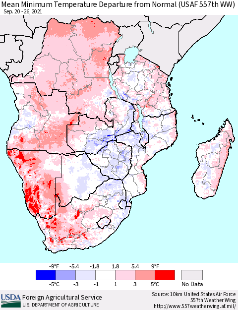 Southern Africa Mean Minimum Temperature Departure from Normal (USAF 557th WW) Thematic Map For 9/20/2021 - 9/26/2021