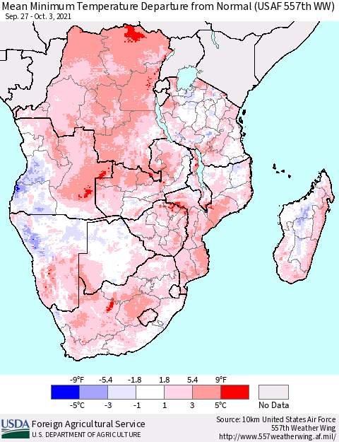Southern Africa Mean Minimum Temperature Departure from Normal (USAF 557th WW) Thematic Map For 9/27/2021 - 10/3/2021