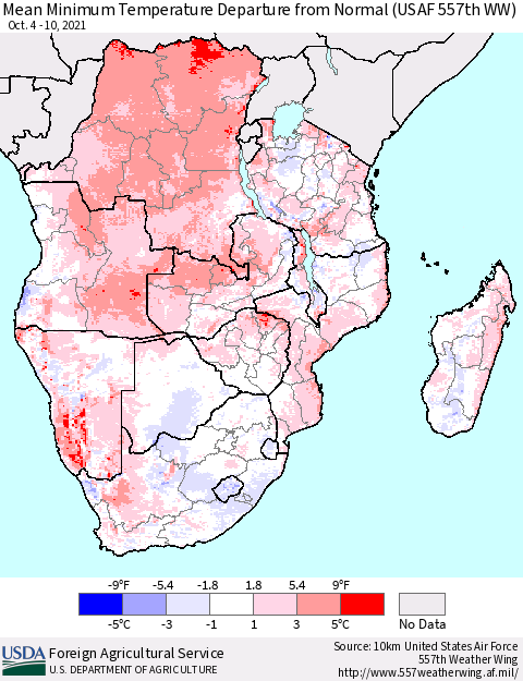 Southern Africa Mean Minimum Temperature Departure from Normal (USAF 557th WW) Thematic Map For 10/4/2021 - 10/10/2021