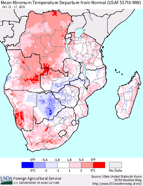 Southern Africa Mean Minimum Temperature Departure from Normal (USAF 557th WW) Thematic Map For 10/11/2021 - 10/17/2021