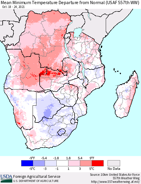 Southern Africa Mean Minimum Temperature Departure from Normal (USAF 557th WW) Thematic Map For 10/18/2021 - 10/24/2021