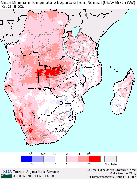Southern Africa Mean Minimum Temperature Departure from Normal (USAF 557th WW) Thematic Map For 10/25/2021 - 10/31/2021
