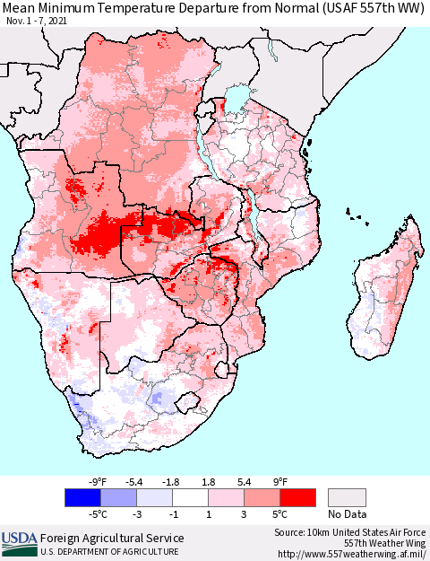 Southern Africa Mean Minimum Temperature Departure from Normal (USAF 557th WW) Thematic Map For 11/1/2021 - 11/7/2021