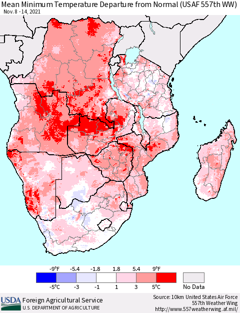 Southern Africa Mean Minimum Temperature Departure from Normal (USAF 557th WW) Thematic Map For 11/8/2021 - 11/14/2021