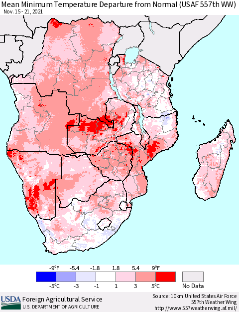 Southern Africa Mean Minimum Temperature Departure from Normal (USAF 557th WW) Thematic Map For 11/15/2021 - 11/21/2021