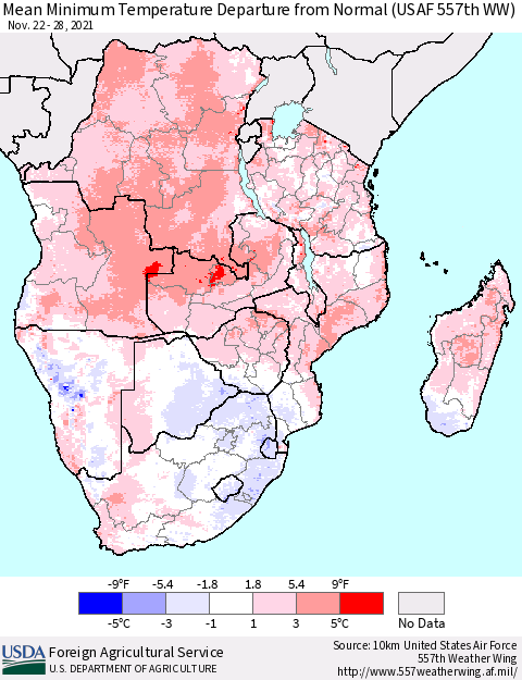 Southern Africa Mean Minimum Temperature Departure from Normal (USAF 557th WW) Thematic Map For 11/22/2021 - 11/28/2021