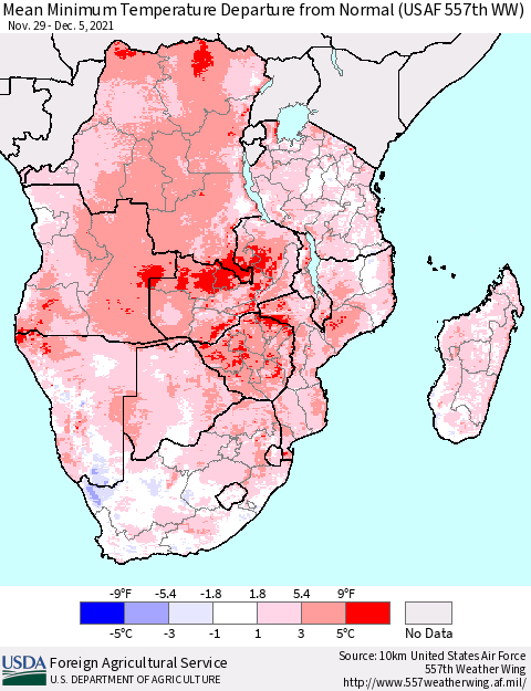 Southern Africa Mean Minimum Temperature Departure from Normal (USAF 557th WW) Thematic Map For 11/29/2021 - 12/5/2021