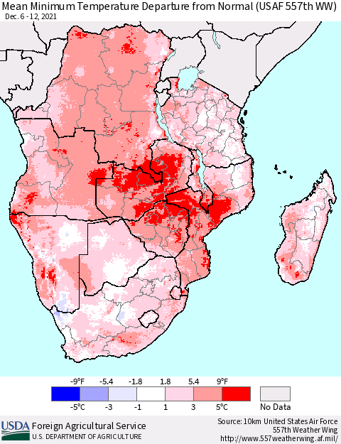Southern Africa Mean Minimum Temperature Departure from Normal (USAF 557th WW) Thematic Map For 12/6/2021 - 12/12/2021